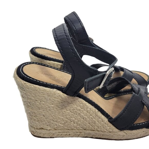 Tommy Bahama Women's Black Leather Espadrille Strappy Black Wedge Sandals Size 9 - Picture 2 of 12
